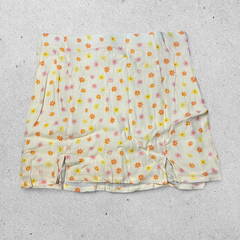 Elodie Womens XL Floral Mini Skirt Cream Daisy Print Double Slit Rayon CBES7003